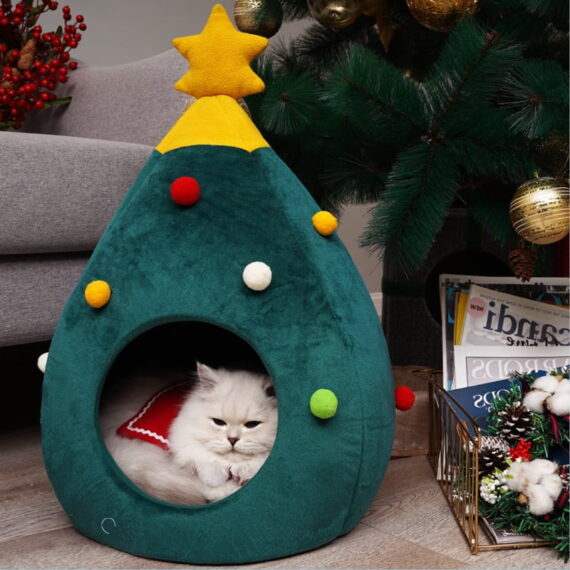 Daymira Pine Cat & Dog House, Cute Cat Tree Bed