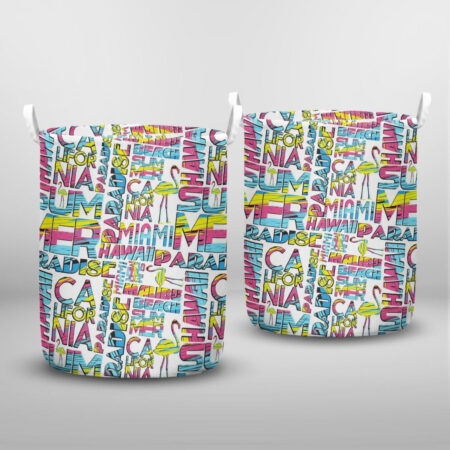 Abstract geometric pattern with flamingo, the words california, malibu, hawaii, summer Laundry Basket