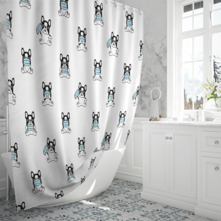 Adorable Bulldog Dog Wearing A Blue Mask To Prevent Covid-19 Shower Curtain