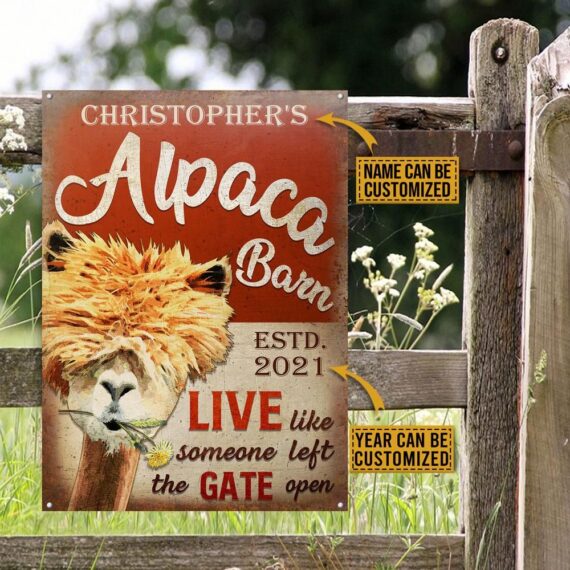 Personalized Alpaca Barn The Gate Open Customized Classic Metal Signs