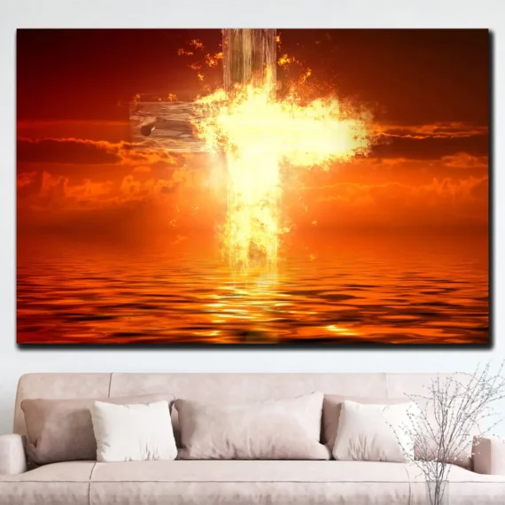 Flaming Cross on Water Wall Art Canvas - Daymira store