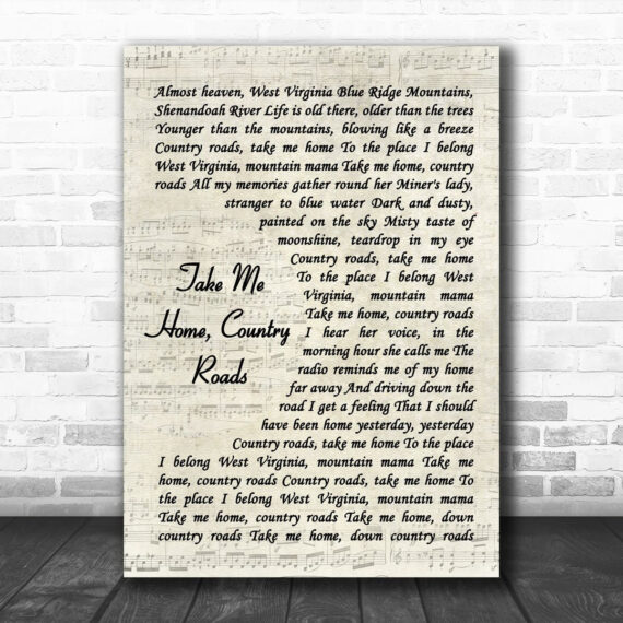 John Denver Take Me Home, Country Roads Vintage Script Song Lyric Music Poster Print