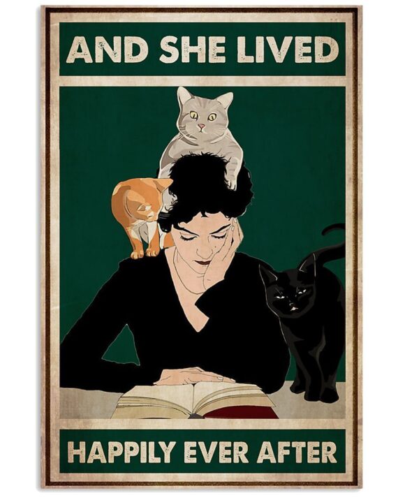 Girl Reading And Cats She Lived Happily Ever After Vertical Wall Art ...