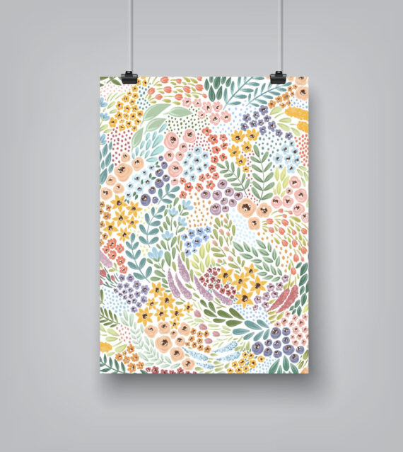 White Bkgrd Rainbow Wildflowers by Elyse Burns - Poster