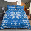 Stylized white snowflake pattern on Christmas night blue background Bedding Set