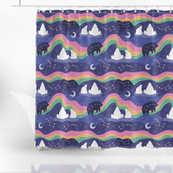 Polar bear family watching northern lights Shower Curtain