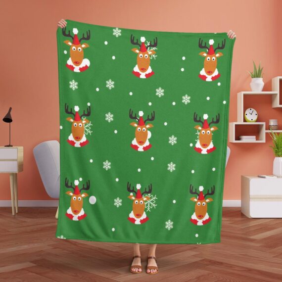 Christmas Reindeer And White Snowflakes On A Red Background Fleece Blanket