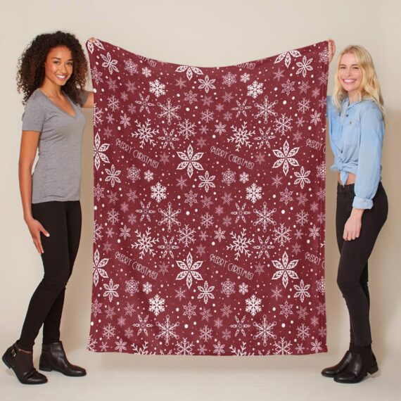 Merry Christmas White Snowflakes On A Red Background Fleece Blanket