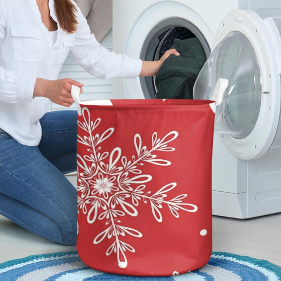 Christmas Eve, Bells, White Snowflakes On Red Background Laundry Basket