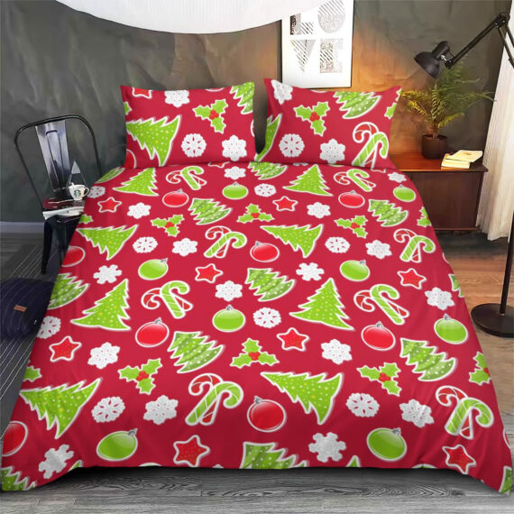 Christmas Eve With Baubles, Christmas Tree, Candy Cane, Snowflakes On A Red Background Bedding Set