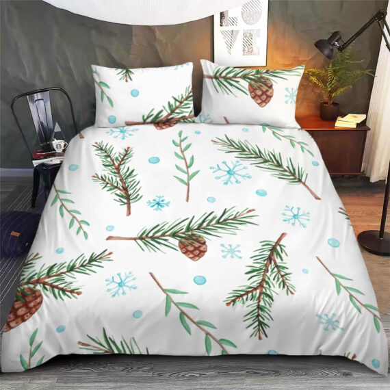 Merry Christmas, Pine Tree Pattern With White Snowflakes Bedding Set