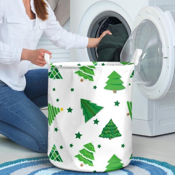 Pine Tree, The Typical Symbol Of Christmas Colors, Stands Out On A White Background Laundry Basket