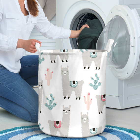 Cute Cacti And Llama Animals On A White Background Laundry Basket