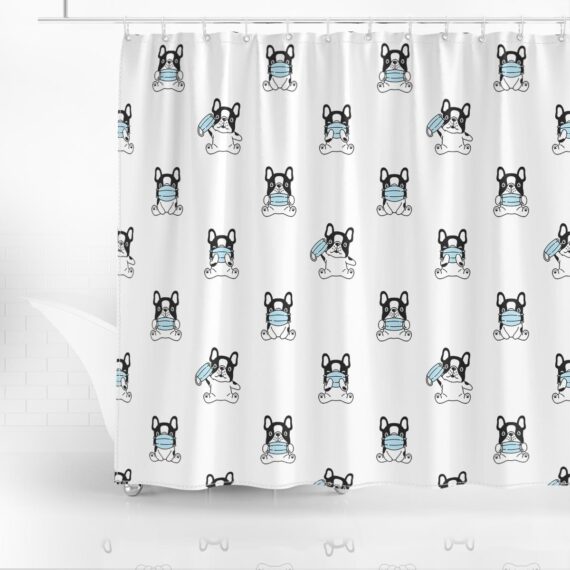 Adorable Bulldog Dog Wearing A Blue Mask To Prevent Covid-19 Shower Curtain