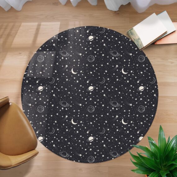 Space Seamless Pattern Comet Planet In The Sparkling Night Sky Round Carpet