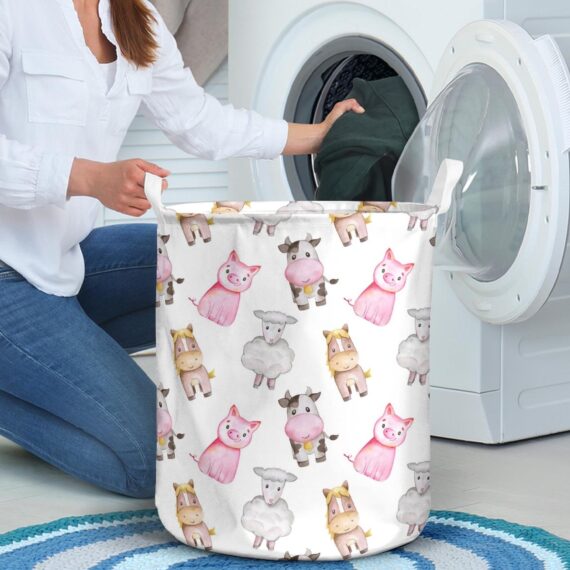 Watercolor Farm Seamless Pattern Animals Cute Laundry Basket