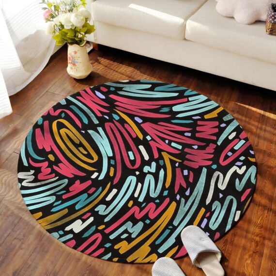 Wavy graffiti pattern. Smooth Swirly Flow Lines Round Colorful texture. Bright Funky Art Round Carpet