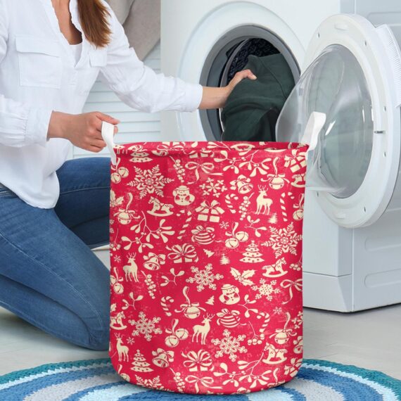 Christmas wallpapers stand out on red background Laundry Basket