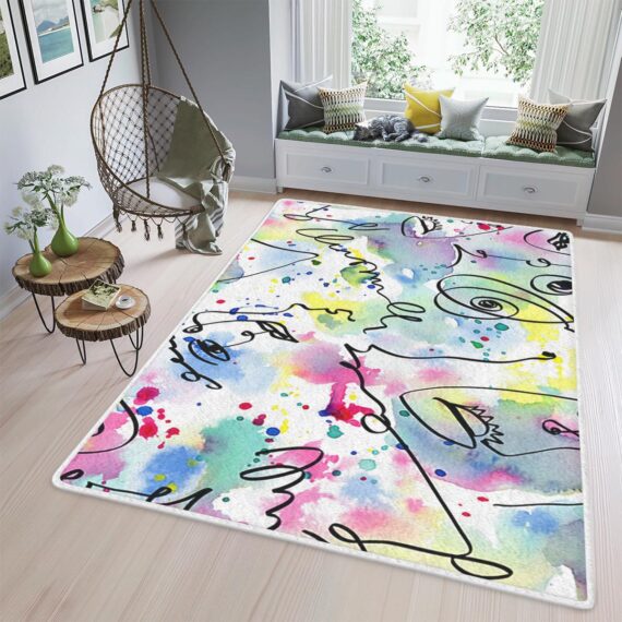 Abstract One Line Drawing Faces Mask Area Rugs