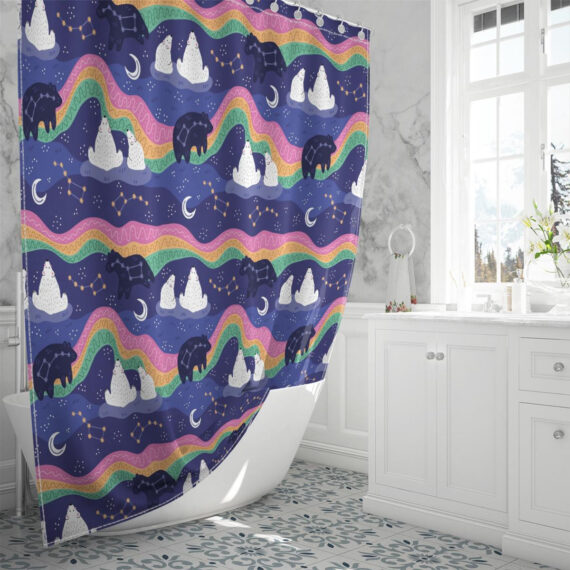 Polar bear family watching northern lights Shower Curtain