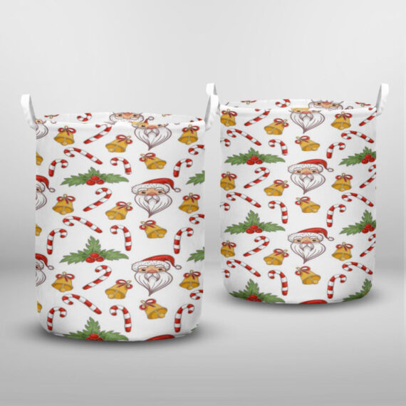 Christmas holiday seamless pattern with santa, bells and candy. Hand drawn vector illustration Laundry Basket