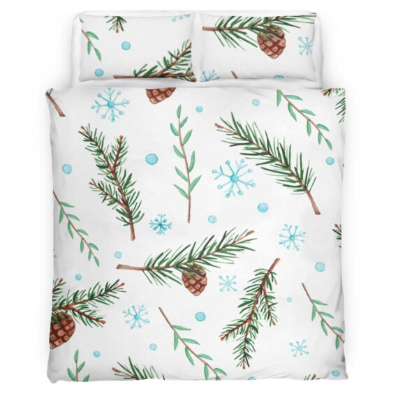 Merry Christmas, Pine Tree Pattern With White Snowflakes Bedding Set