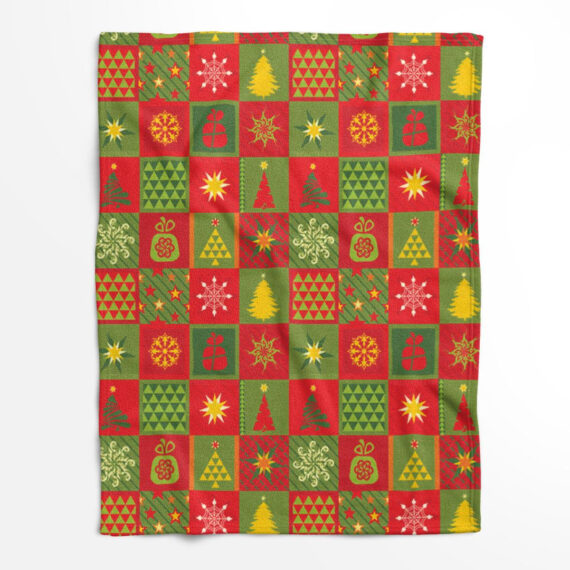 Christmas Pattern With Colorful Checkered Shapes Fleece Blanket