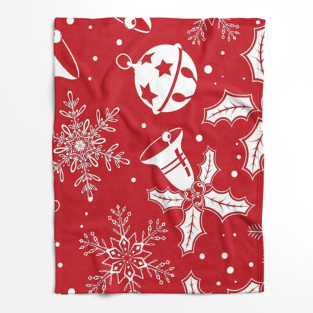 Christmas Eve, Bells, White Snowflakes On Red Background Fleece Blanket
