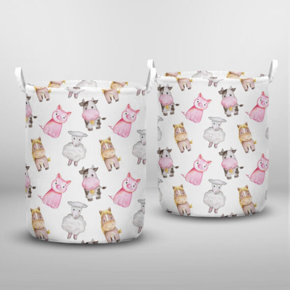 Watercolor Farm Seamless Pattern Animals Cute Laundry Basket