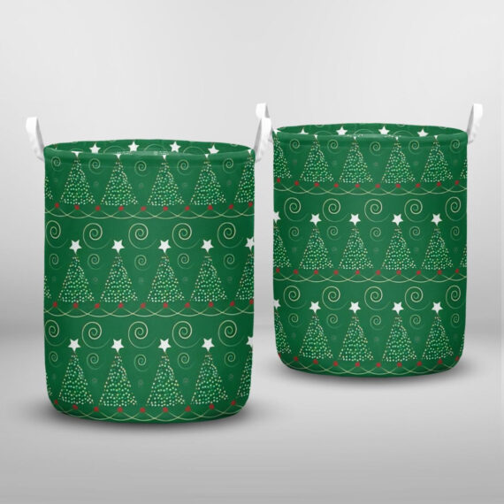 Stylized Christmas Tree Pattern Alternately Stands Out On A Green Background Laundry Basket