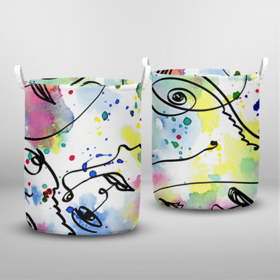 Abstract One Line Drawing Faces Mask Laundry Basket
