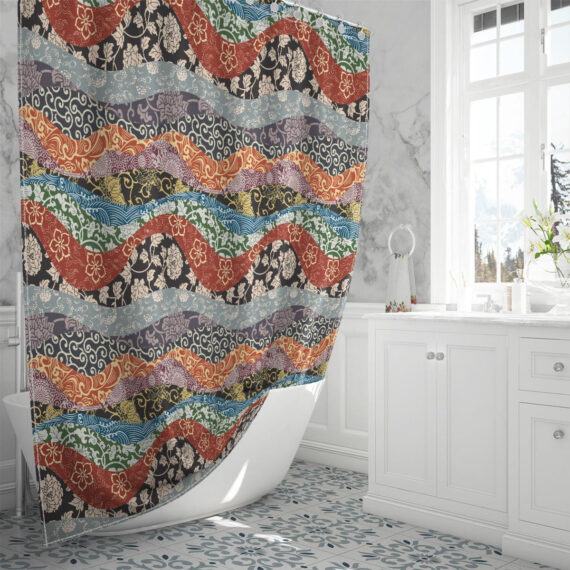 Japanese Traditional Style Fabric Patchwork Wallpaper Shower Curtain