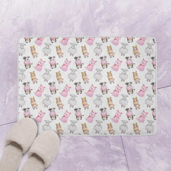 Watercolor Farm Seamless Pattern Cute Animals Bath Mat