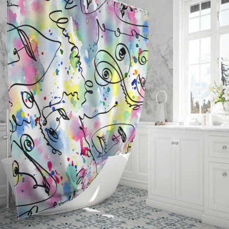 Abstract One Line Drawing Faces Mask Shower Curtain