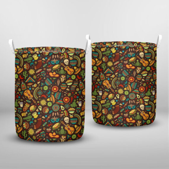 Cartoon hand-drawn latin american mexican seamless pattern Laundry Basket