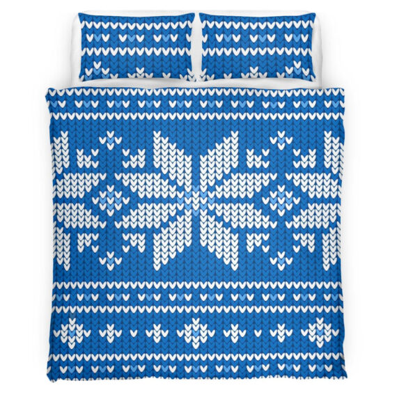 Stylized white snowflake pattern on Christmas night blue background Bedding Set