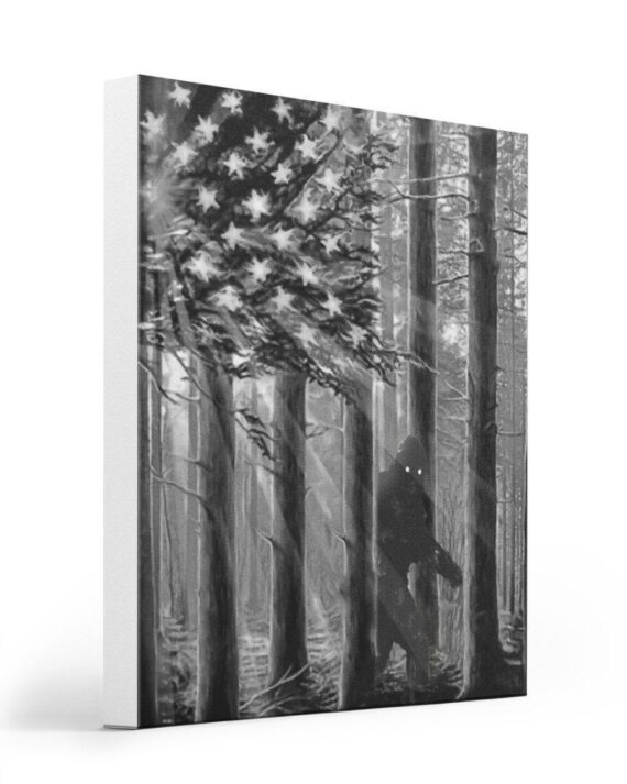 Bigfoot Walking Into Forest With Us Flag Giving Bigfoot Lovers Matte Canvas