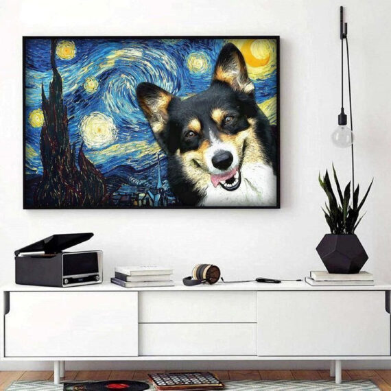 Black Tan Corgi Starry Night Canvas