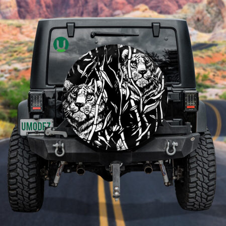 Exotic Jungle Black Background With Drawn Tropical Bamboo Leaves And Tiger Spare Tire Cover - Jeep Tire Covers