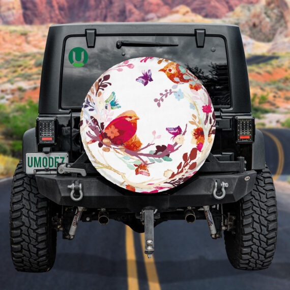 Bird Perched On Branch Seeing Butterfly Spare Tire Cover - Jeep Tire Covers