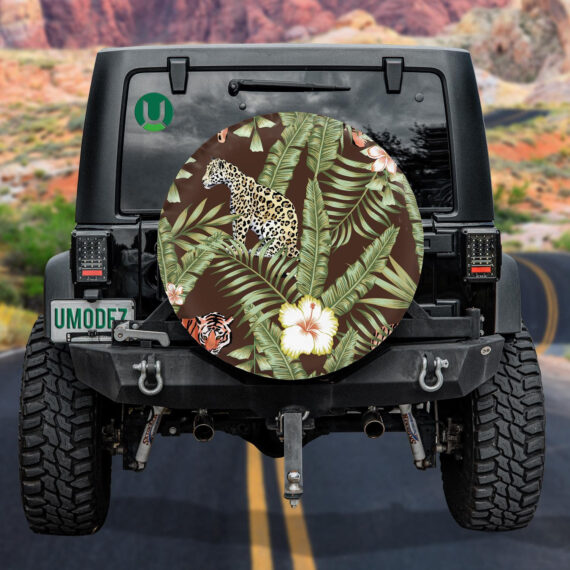 Beautiful Tropical Hibiscus Flowers Leopard And Tiger Spare Tire Cover - Jeep Tire Covers