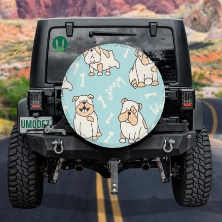 Cute English Bulldogs On Light Blue Background Spare Tire Cover - Jeep Tire Covers