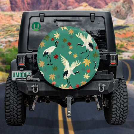 Cranes And Autumn Maple Leaves On Green Background Spare Tire Cover - Jeep Tire Covers