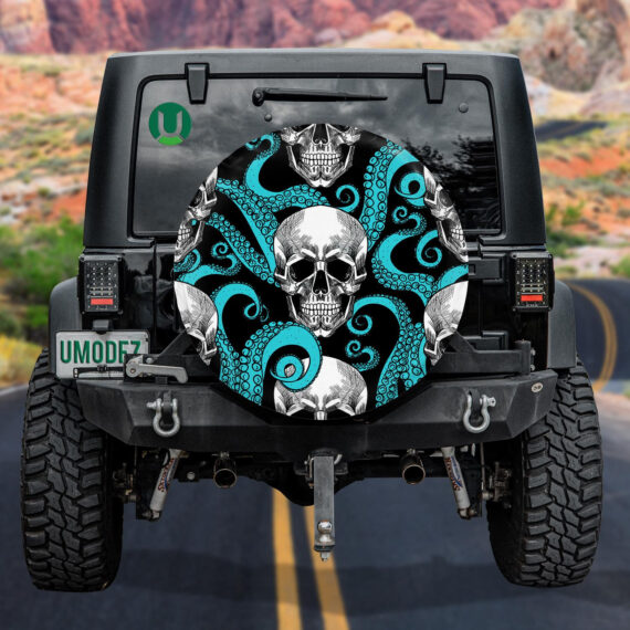 Sinister Human Skull And Blue Octopus Spare Tire Cover - Jeep Tire Covers