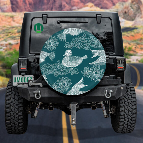 Hand Drawn Vintage Ducks And Flowers Ornament Spare Tire Cover - Jeep Tire Covers