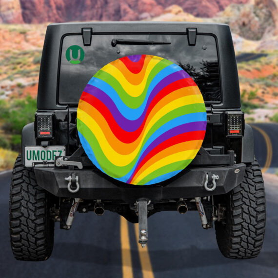 Modern Curved Rainbow Flag Illustration Pattern Spare Tire Cover - Jeep Tire Covers