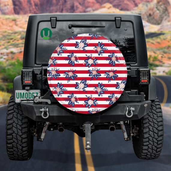 Painting Inspired Floral On White And Red Stripes Background Spare Tire Cover - Jeep Tire Covers