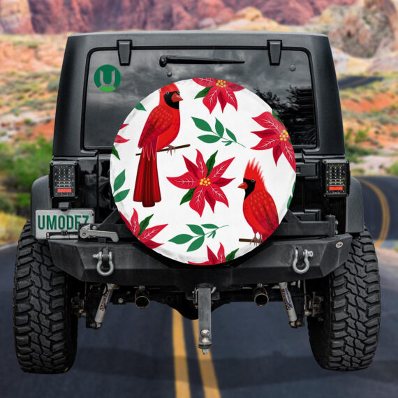 Red Northern Cardinal Birds And Poinsettia Flower Spare Tire Cover