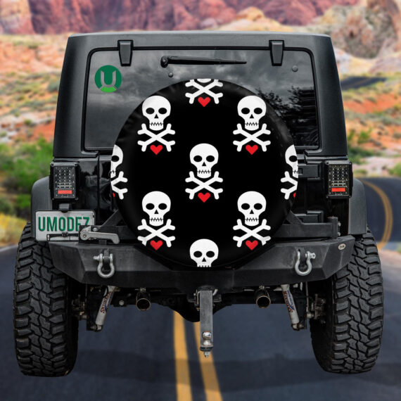 Human Skull With Cross Bone And Red Heart Spare Tire Cover - Jeep Tire Covers