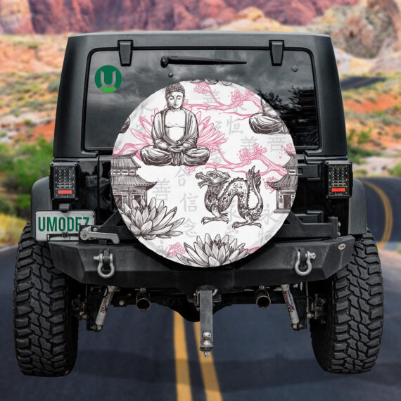 Sketch Pagoda Building Lotus Flower And Dragon Spare Tire Cover - Jeep Tire Covers